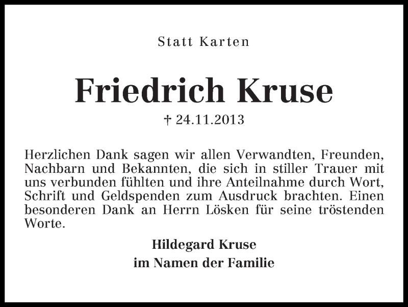  Traueranzeige für Friedrich Kruse vom 04.01.2014 aus WESER-KURIER