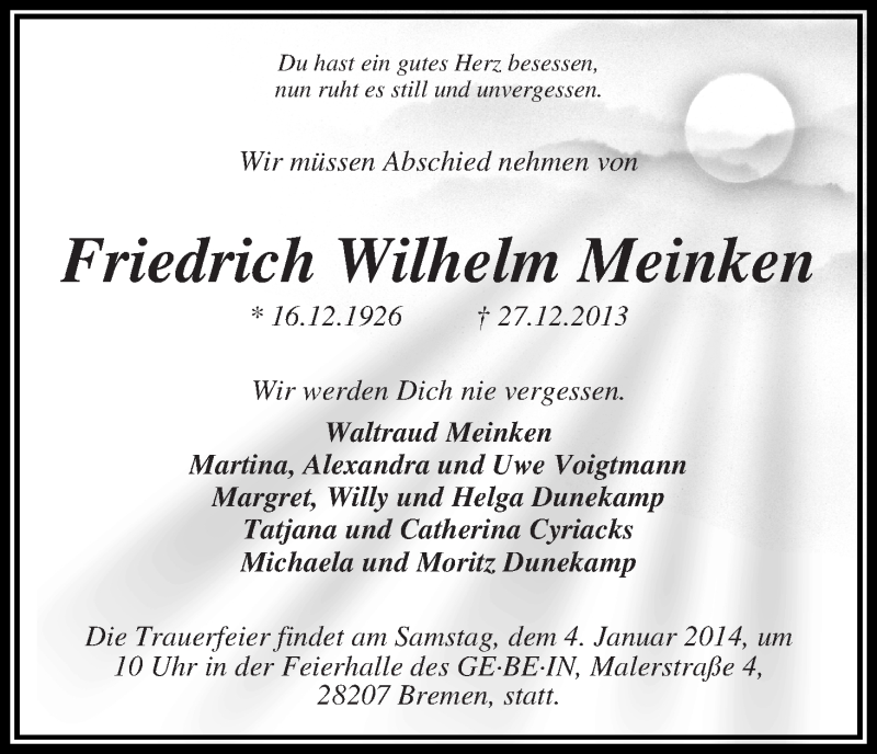 Traueranzeige von Friedrich Wilhelm Meinken von WESER-KURIER