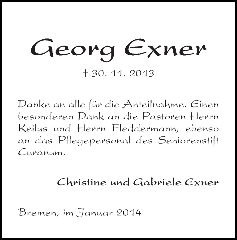Traueranzeige von Georg Exner von WESER-KURIER