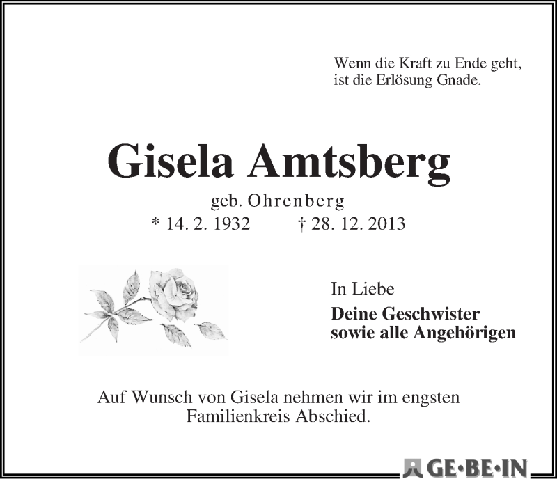 Traueranzeige von Gisela Amtsberg von WESER-KURIER