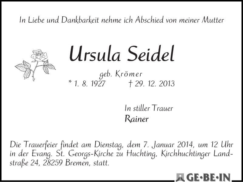 Traueranzeige von Ursula Seidel von WESER-KURIER