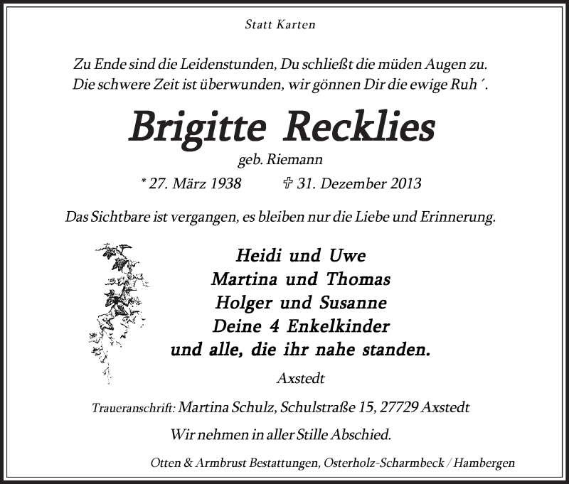 Traueranzeige von Brigitte Recklies von WESER-KURIER