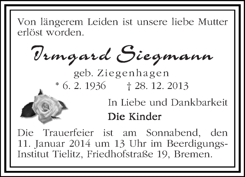 Traueranzeige von Irmgard Siegmann von WESER-KURIER