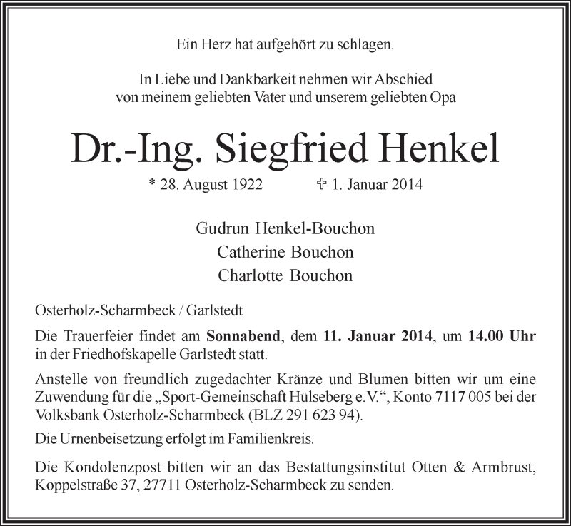 Traueranzeige von Siegfried Henkel von WESER-KURIER