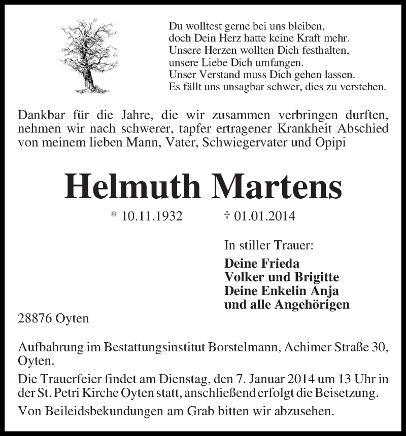 Traueranzeige von Helmuth Martens von WESER-KURIER