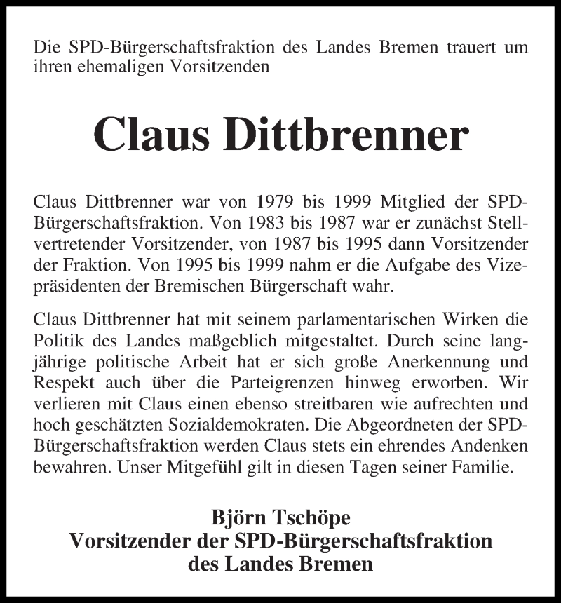  Traueranzeige für Claus Dittbrenner vom 04.01.2014 aus WESER-KURIER
