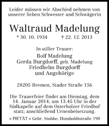 Traueranzeige von Waltraud Madelung