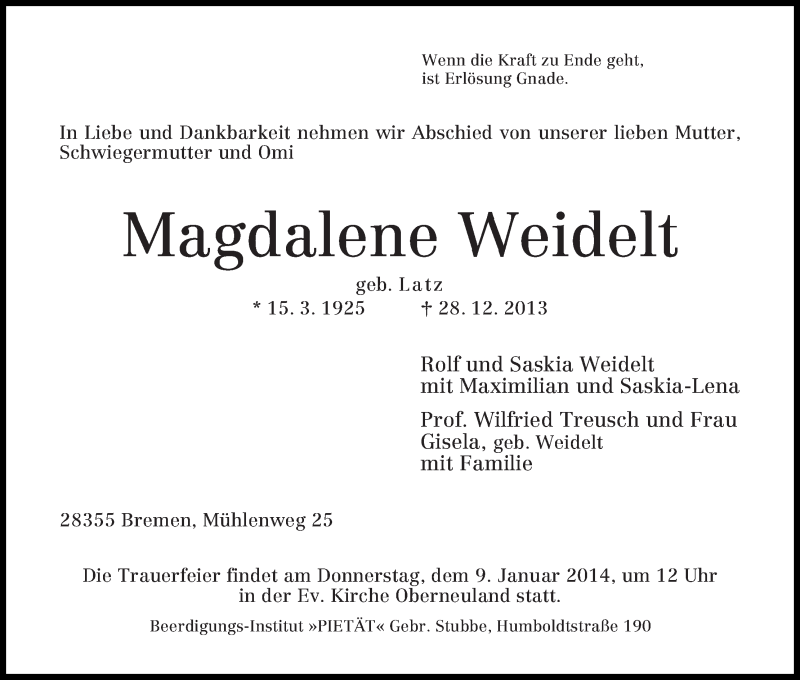  Traueranzeige für Magdalene Weidelt vom 06.01.2014 aus WESER-KURIER