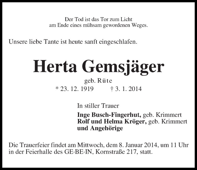 Traueranzeige von Herta Gemsjäger von WESER-KURIER