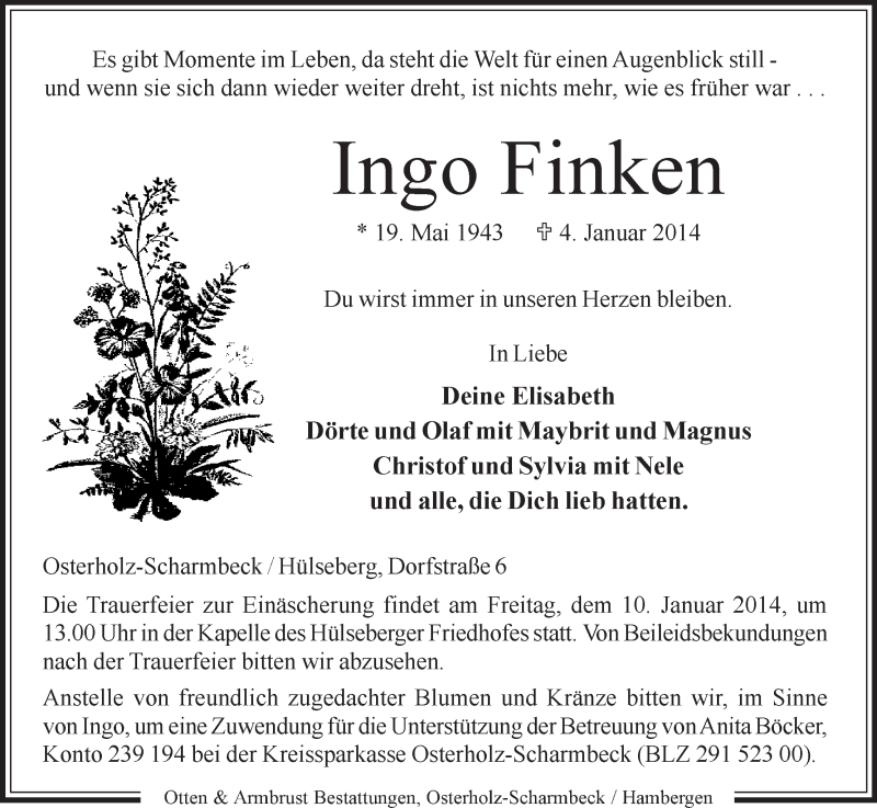 Traueranzeige von Ingo Finken von WESER-KURIER