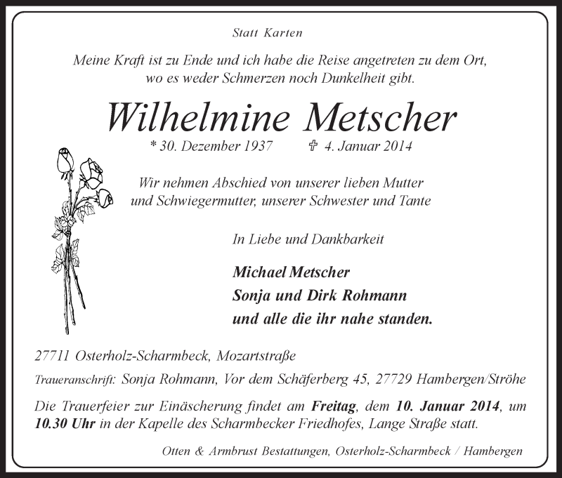 Traueranzeige von Wilhelmine Metscher von WESER-KURIER