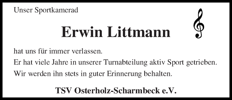 Traueranzeige von Erwin Littmann von Osterholzer Kreisblatt