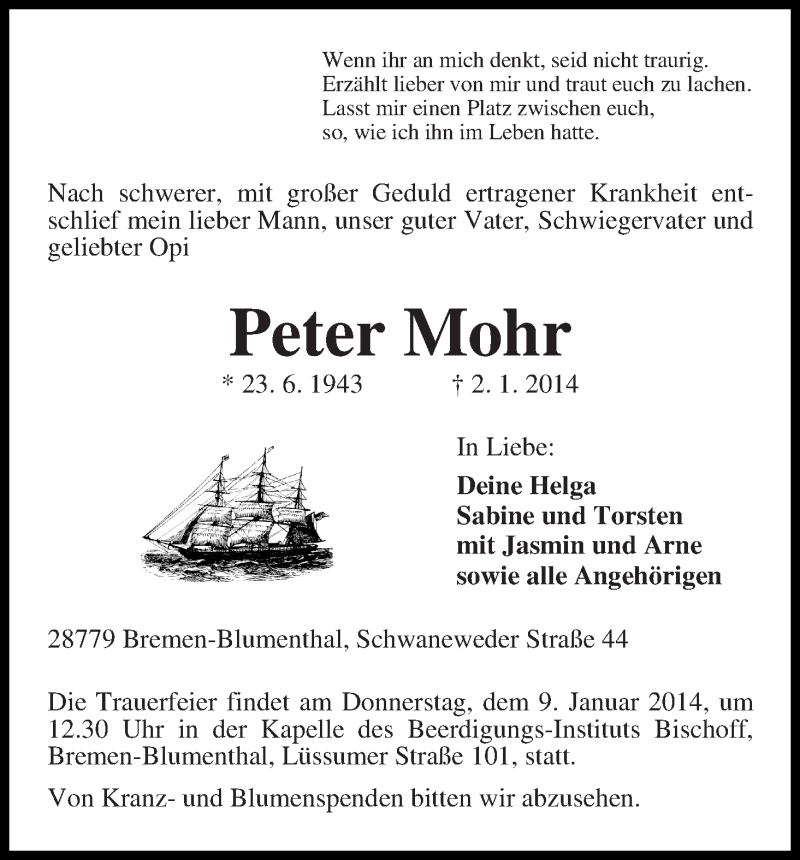 Traueranzeige von Peter Mohr von WESER-KURIER