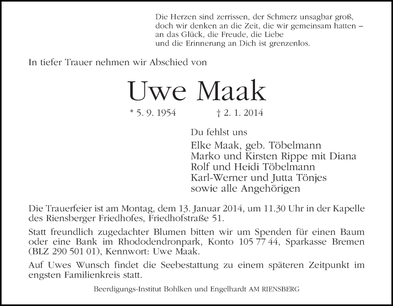  Traueranzeige für Uwe Maak vom 08.01.2014 aus WESER-KURIER
