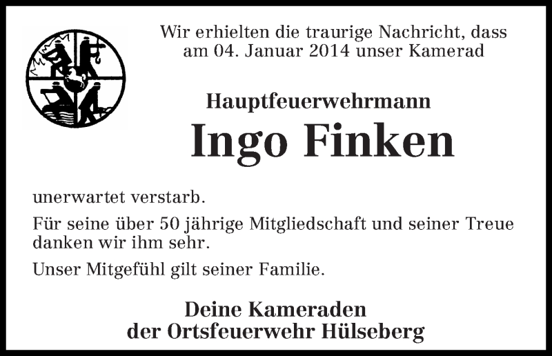 Traueranzeige von Ingo Finken von WESER-KURIER