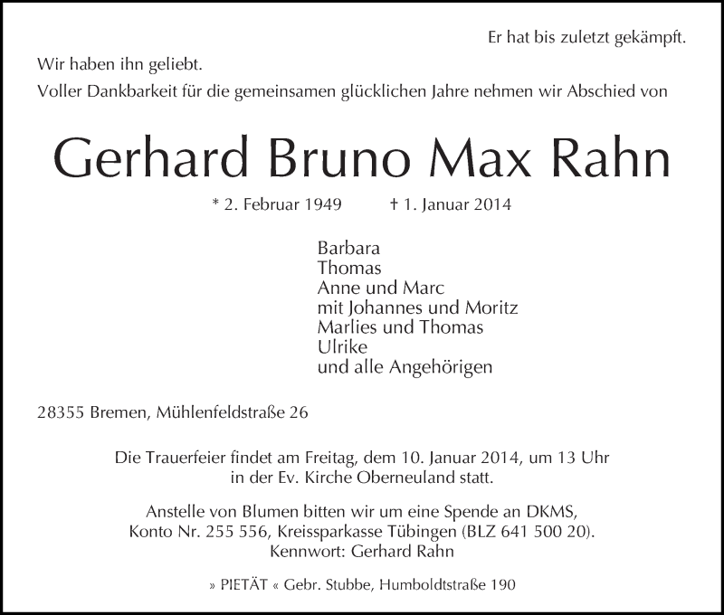Traueranzeige von Gerhard Bruno Max Rahn von WESER-KURIER
