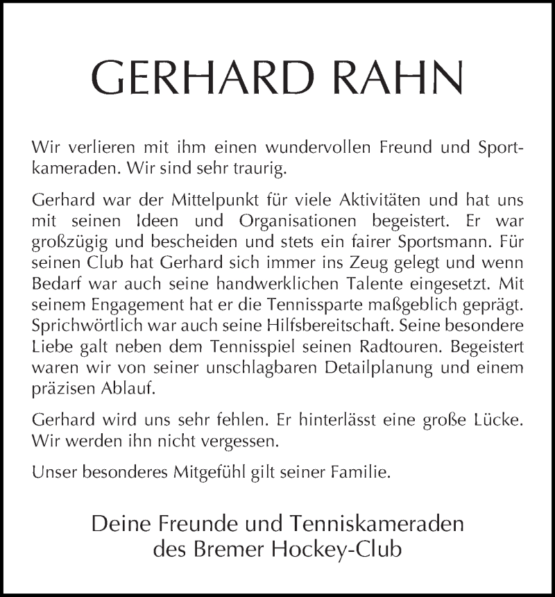 Traueranzeige von Gerhard Rahn von WESER-KURIER