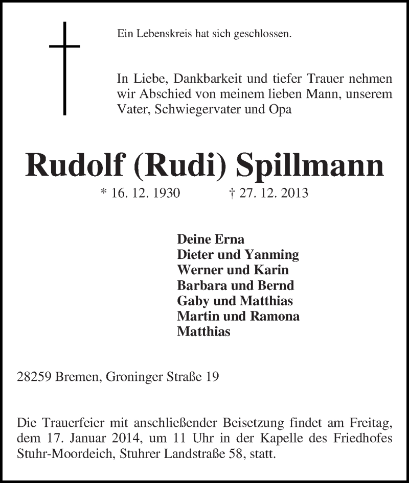 Traueranzeige von Rudolf Spillmann von WESER-KURIER