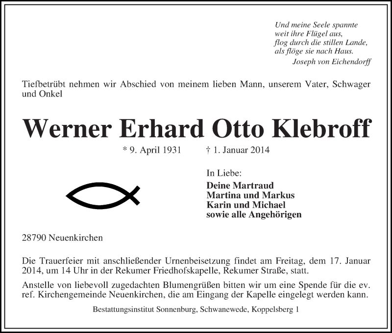 Traueranzeige von Werner Erhard Otto Klebroff von WESER-KURIER