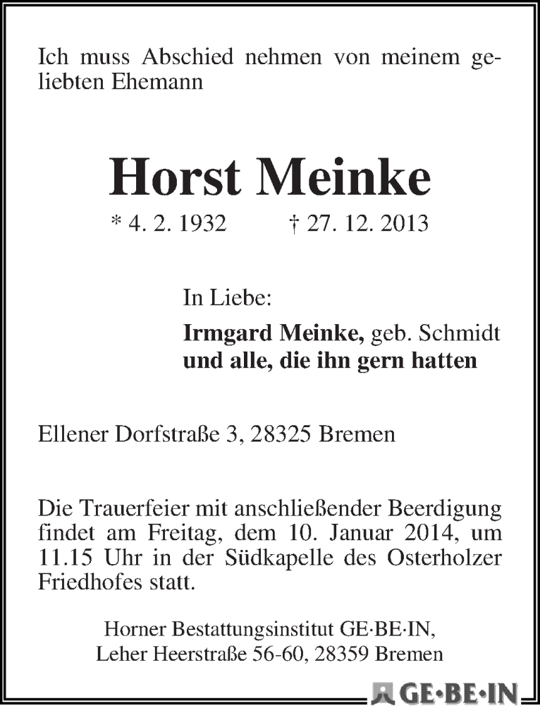 Traueranzeige von Horst Meinke von WESER-KURIER
