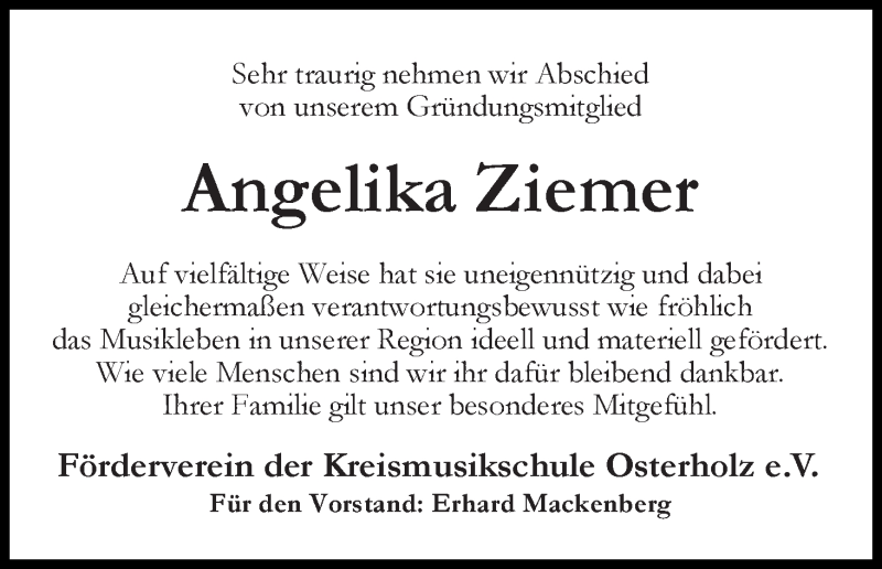 Traueranzeige von Angelika Ziemer von WESER-KURIER
