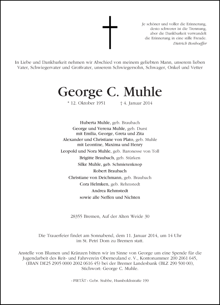 Traueranzeige von George C. Muhle von WESER-KURIER