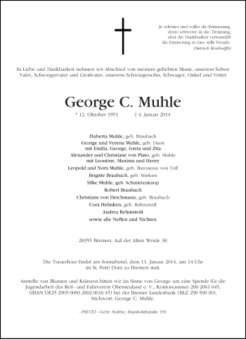 Traueranzeige von George C. Muhle