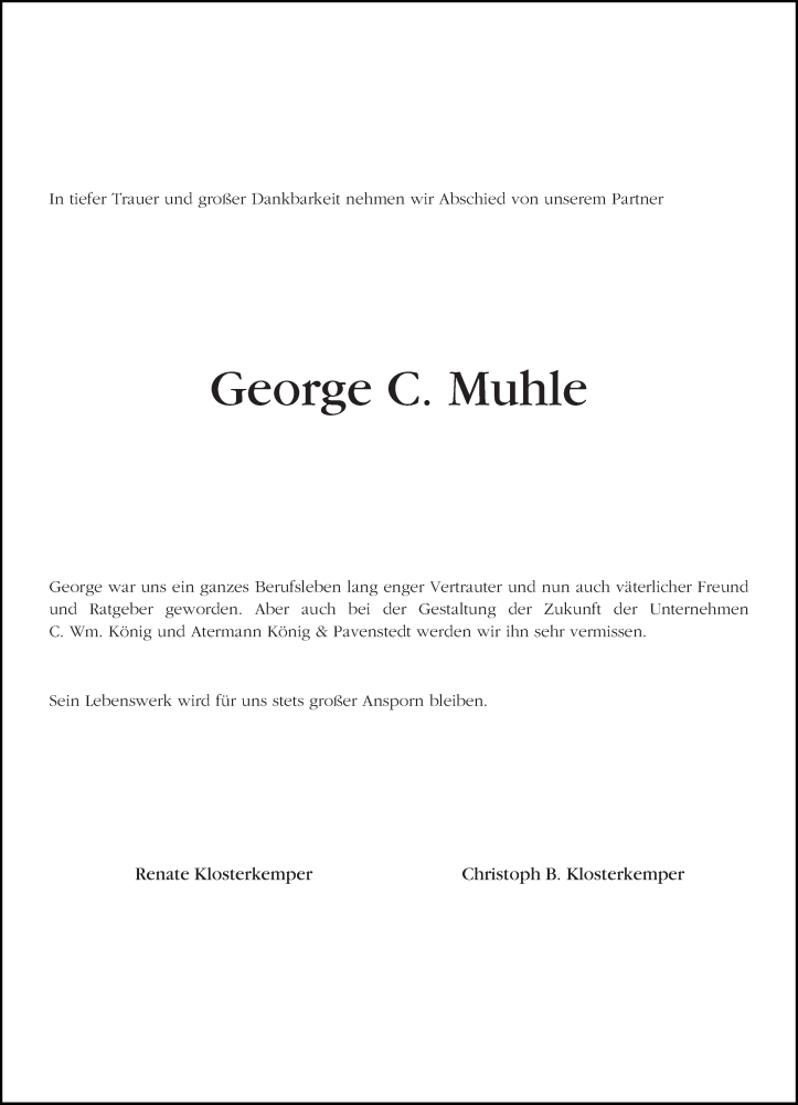 Traueranzeige von George C. Muhle von WESER-KURIER