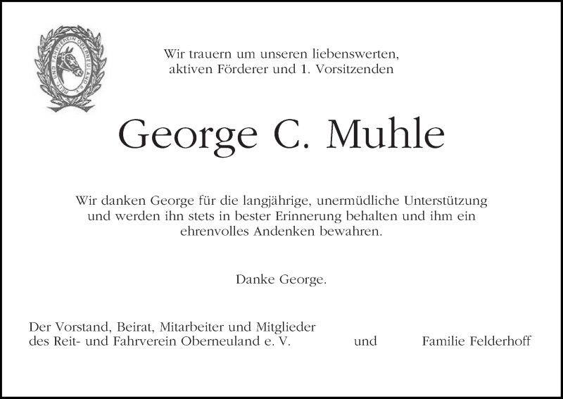  Traueranzeige für George C. Muhle vom 08.01.2014 aus WESER-KURIER