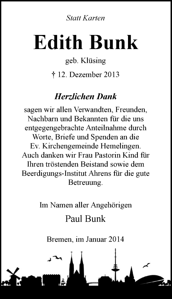 Traueranzeige von Edith Bunk von WESER-KURIER