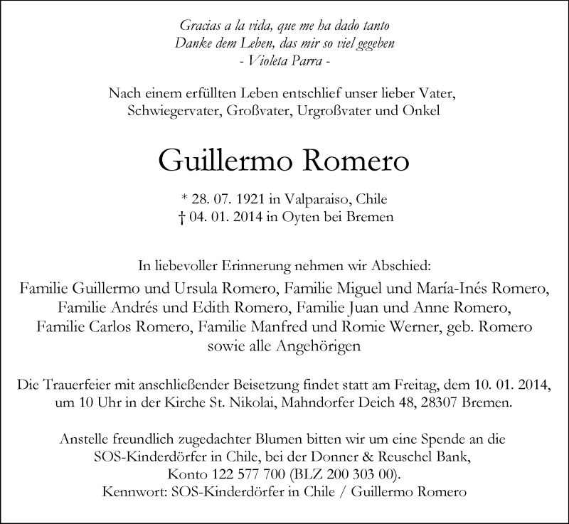 Traueranzeige von Guillermo Romero von WESER-KURIER