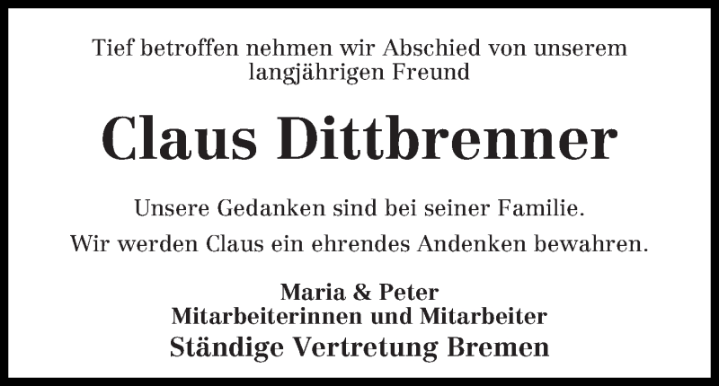  Traueranzeige für Claus Dittbrenner vom 08.01.2014 aus WESER-KURIER