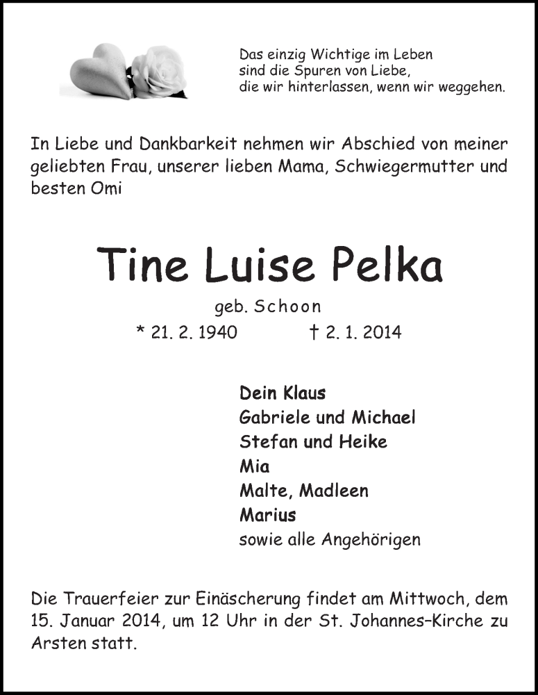 Traueranzeige von Tine Luise Pelka von WESER-KURIER