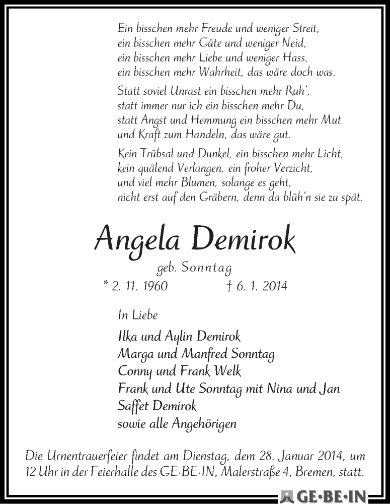 Traueranzeige von Angela Demirok von WESER-KURIER