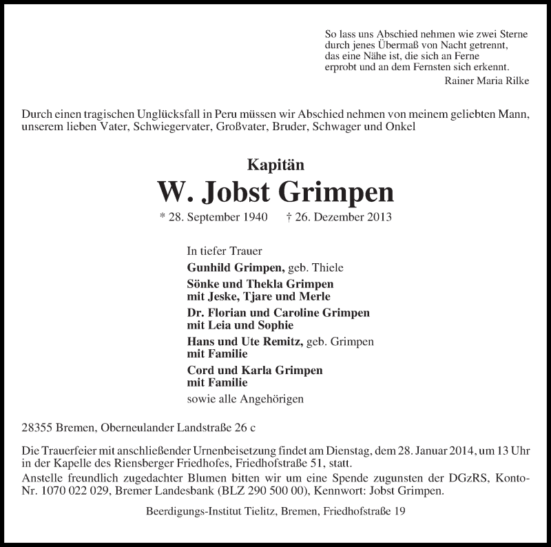 Traueranzeige von W. Jobst Grimpen von WESER-KURIER