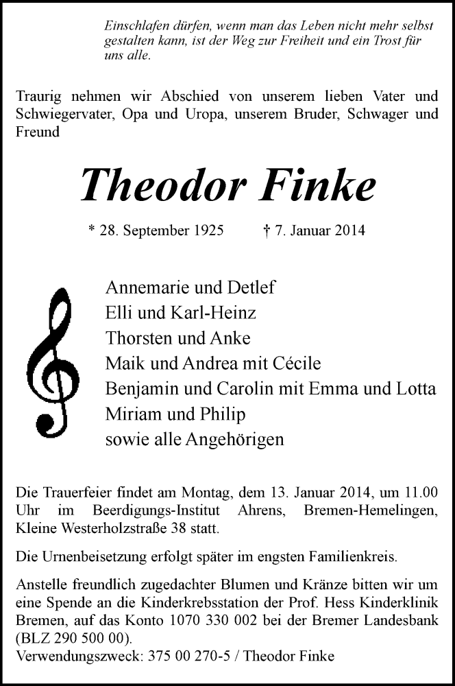 Traueranzeige von Theodor Finke von WESER-KURIER