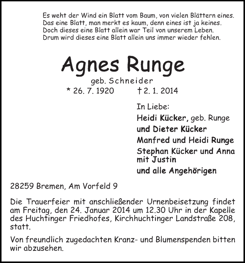 Traueranzeige von Agnes Runge von WESER-KURIER