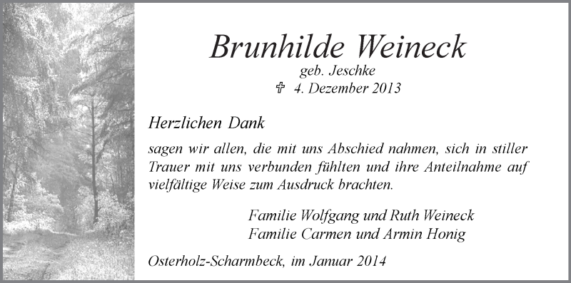 Traueranzeige von Brunhilde Weineck von WESER-KURIER