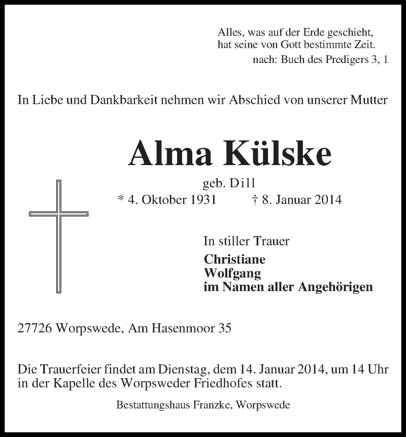 Traueranzeige von Alma Külske von WESER-KURIER