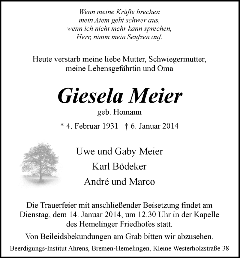 Traueranzeige von Giesela Meier von WESER-KURIER
