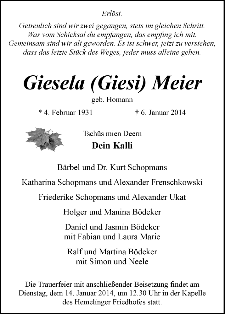 Traueranzeige von Giesela Meier von WESER-KURIER