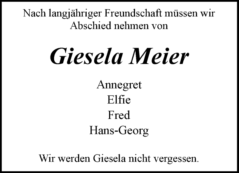 Traueranzeige von Giesela Meier von WESER-KURIER