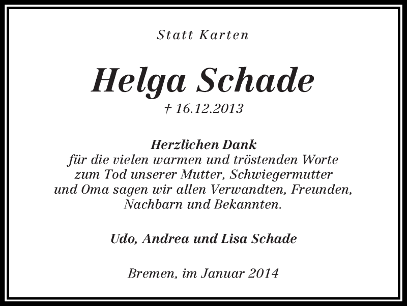 Traueranzeige von Helga Schade von WESER-KURIER