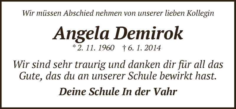 Traueranzeige von Angela Demirok von WESER-KURIER