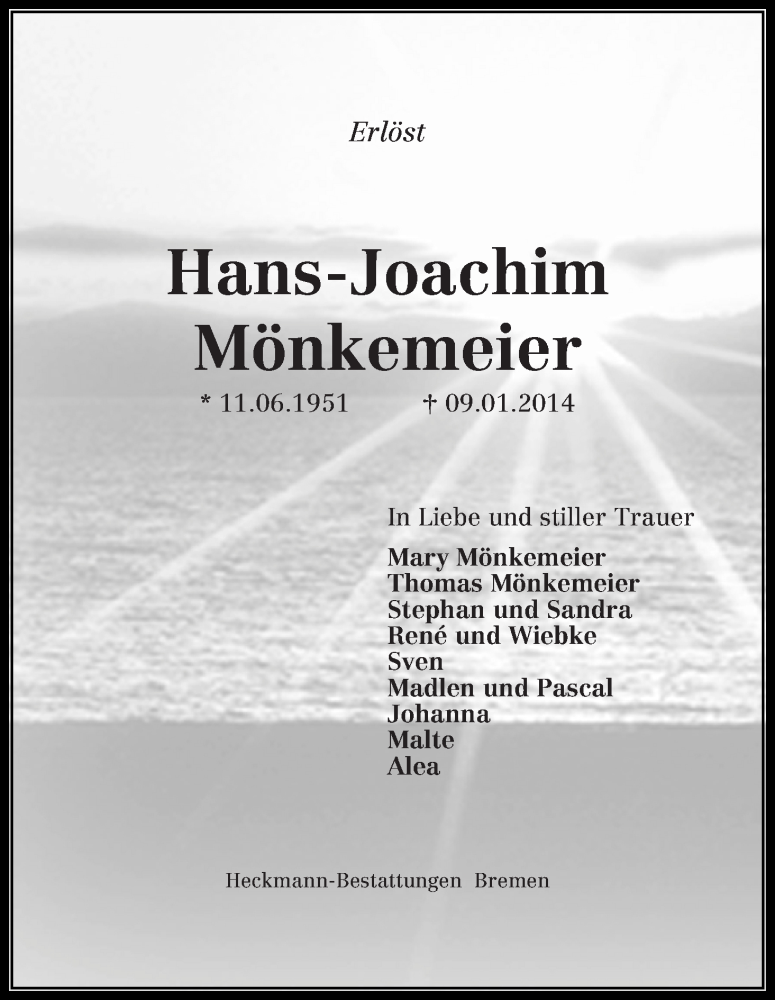 Traueranzeige von Hans-Joachim Mönkemeier von WESER-KURIER