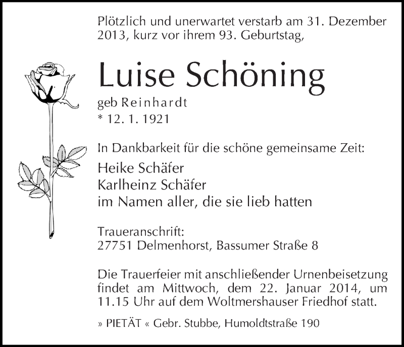  Traueranzeige für Luise Schöning vom 11.01.2014 aus WESER-KURIER
