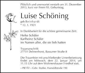Traueranzeige von Luise Schöning
