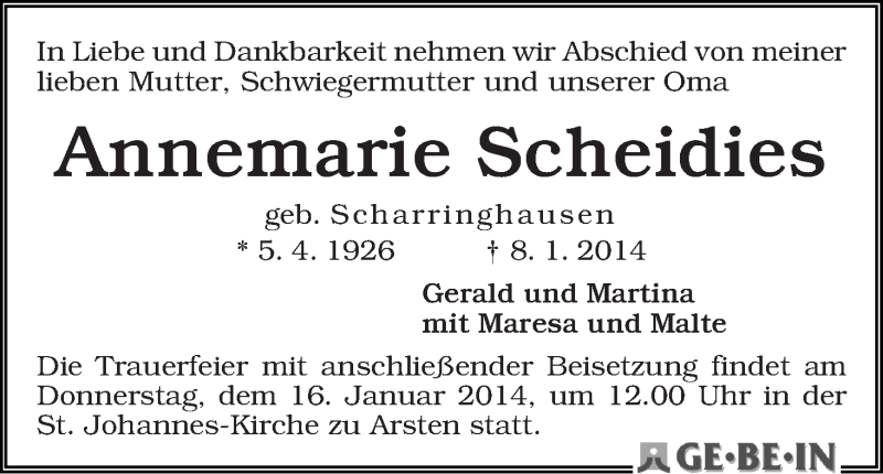 Traueranzeige von Annemarie Scheidies von WESER-KURIER