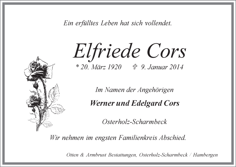 Traueranzeige von Elfriede Cors von WESER-KURIER