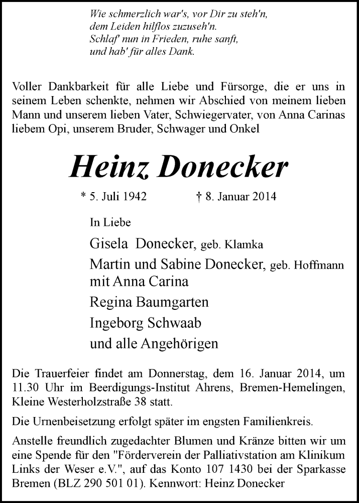Traueranzeige von Heinz Donecker von WESER-KURIER
